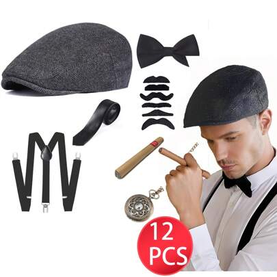 Set di accessori per costumi da gangster degli anni '20, accessori per costumi da uomo da 12 pezzi, accessori Gatsby da uomo vintage ruggenti degli an