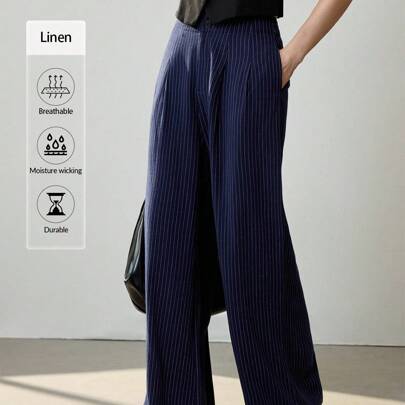 Pantaloni lunghi in lino da donna per l'ufficio, minimalisti e slim fit, pantaloni dritti in lino a righe, autunnali