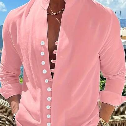 Uomo Camicia a bottone monocolore aderente con maniche lunghe rosa chiaro, camicia da vacanza