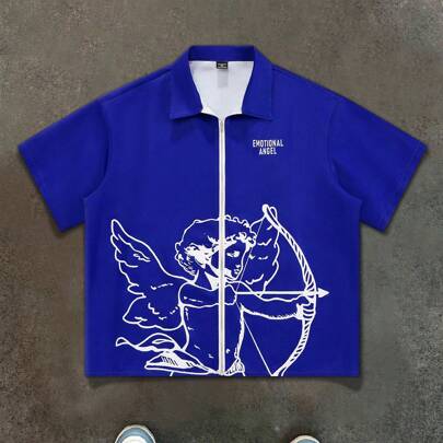 Camicia casual da uomo con chiusura lampo e maniche corte, stampa di angeli, blu, camicia a tema grafica, camicia da pesca, camicia blu reale