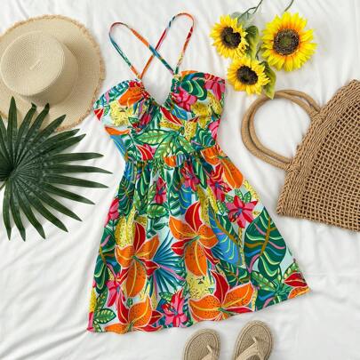 Abito mini con stampa tropicale, adatto per vacanze al mare, abbigliamento estivo da donna, abbigliamento da resort tropicale, abito estivo, abito vac