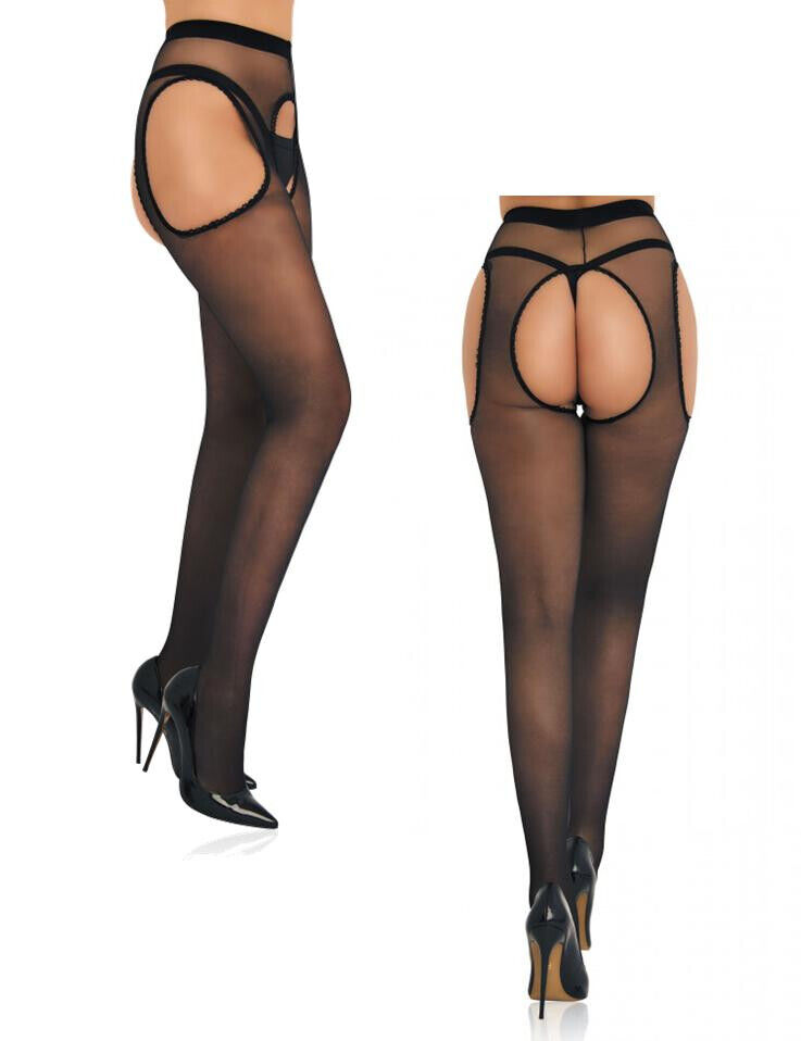 Collant donna sexy calze nere cavallo aperto biancheria intima finto reggicalze