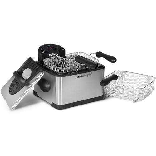 Elite Gourmet, Friggitrice Elettrica A Immersione Edf-401T Con 3 Cestelli, 1700 W, Controllo Regolabile Di Temperatura E Timer, Coperchio Con Finestra