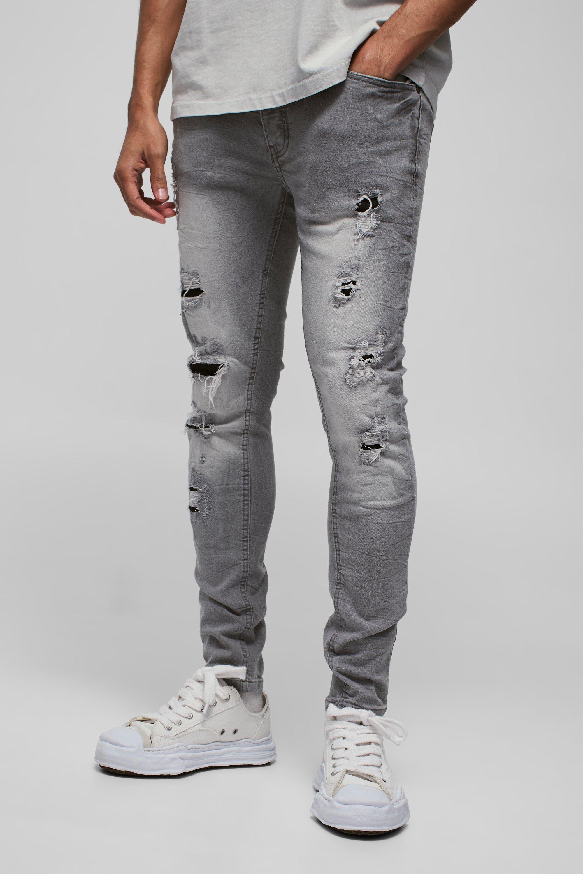 Skinny Stretch Ripped Jeans In Ice Grey, Grigio
