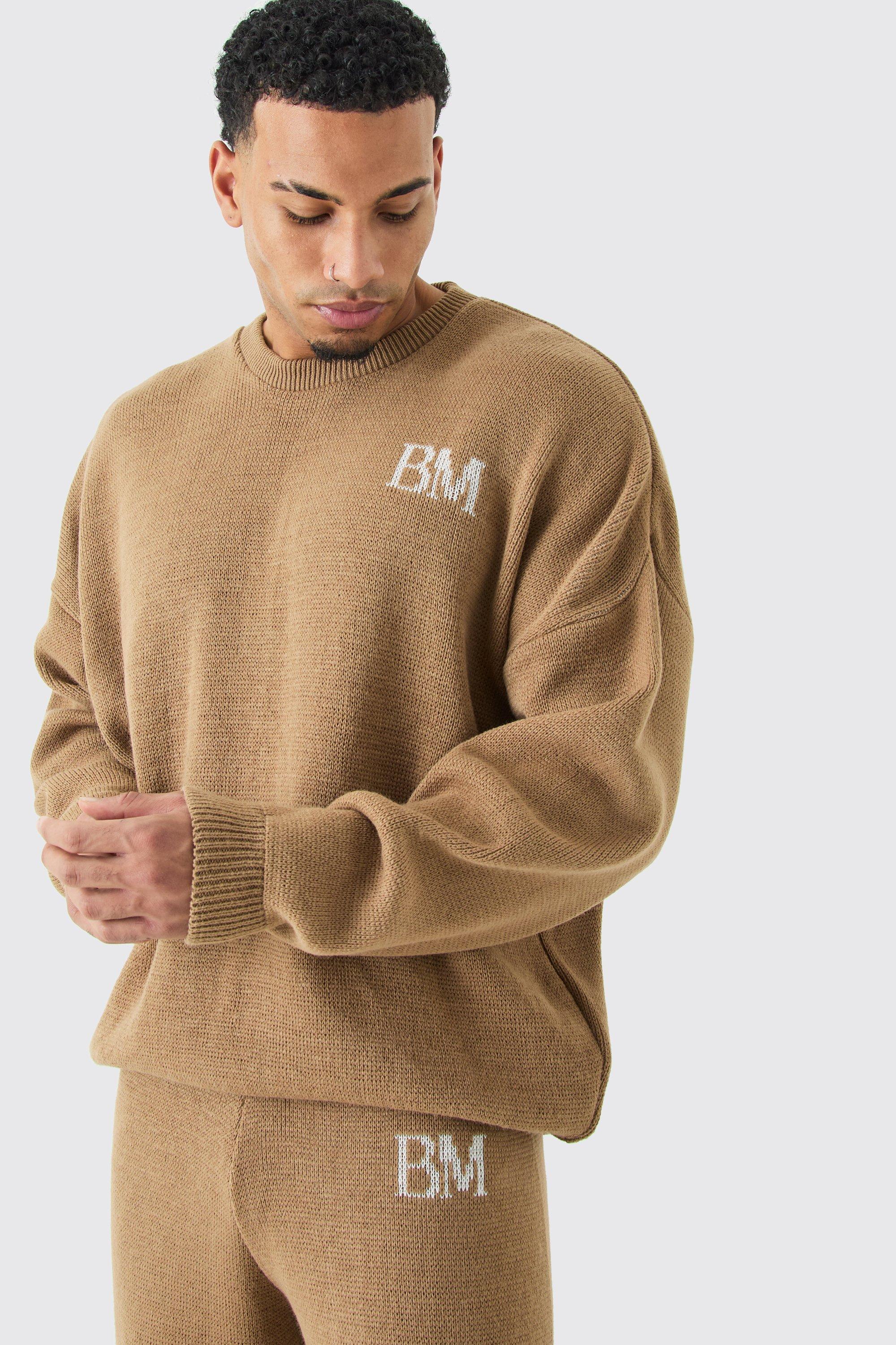 Oversized Drop Shoulder Brushed Branded Jumper, Beige