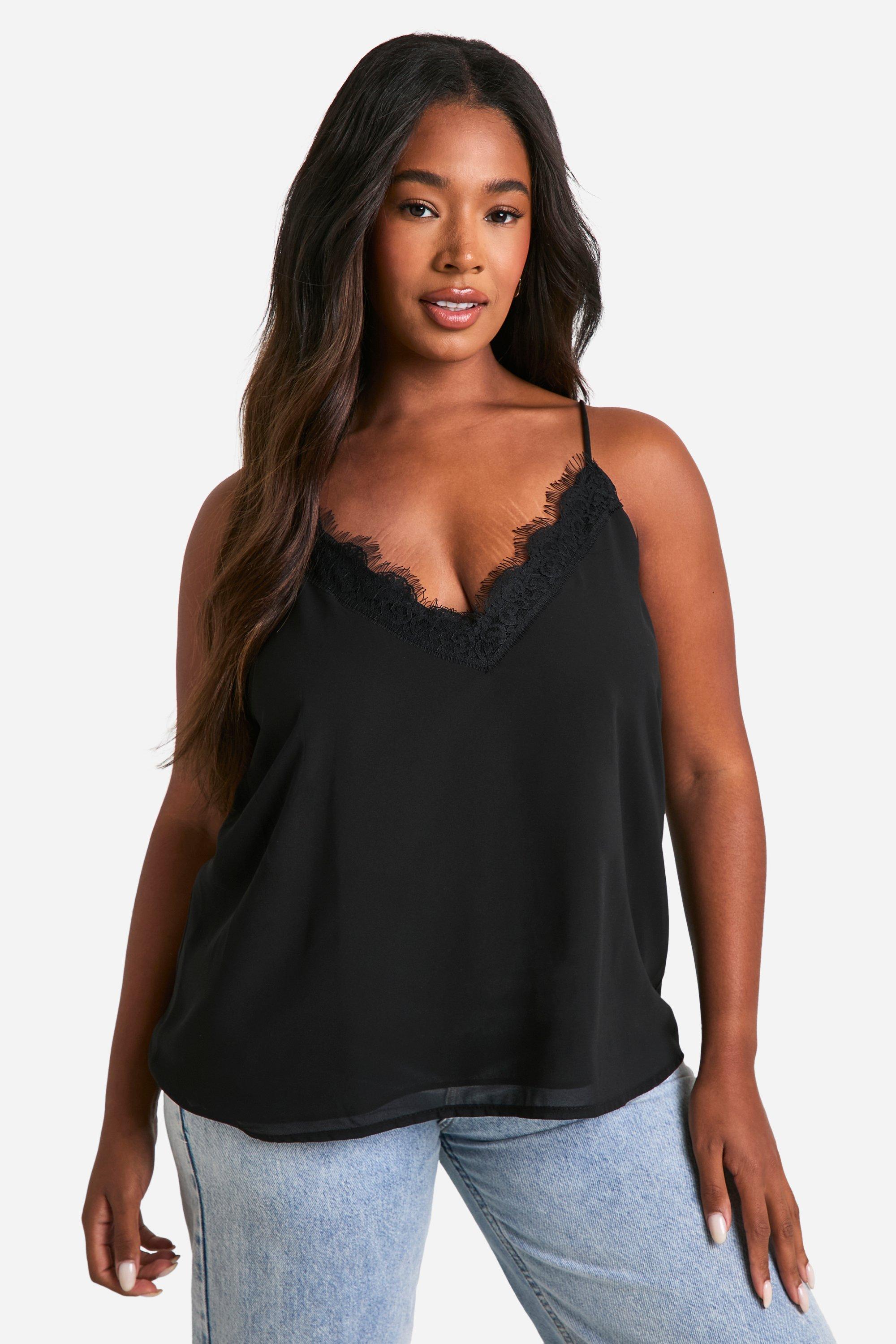 Plus Lace Insert Chiffon Cami Top, Nero