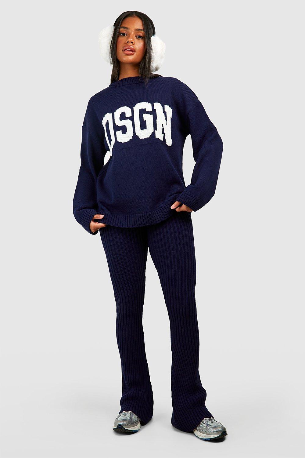 Dsgn Crew Neck Knitted Jumper And Flare Legging Set, Navy