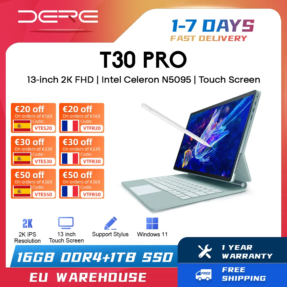 Dere Laptop T30 Pro 13 Pollici, Touchscreen Ips 2K, 16Gb Ram + 1Tb Ssd, Computer Per L'Apprendimento Dell'Ufficio Ultrabook Windows 11 Notebook