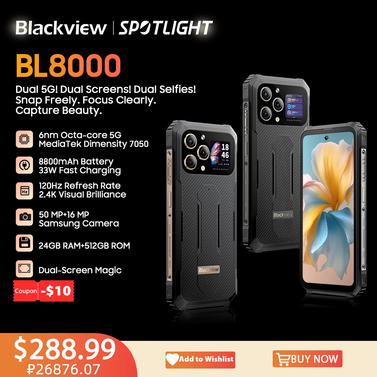 Blackview Bl8000 5G Smartphone Robusto Dimensity 7020, 6.78 "2.4K 120Hz Display, 24Gb 512Gb Cellulare 50Mp Camaras Cellulari