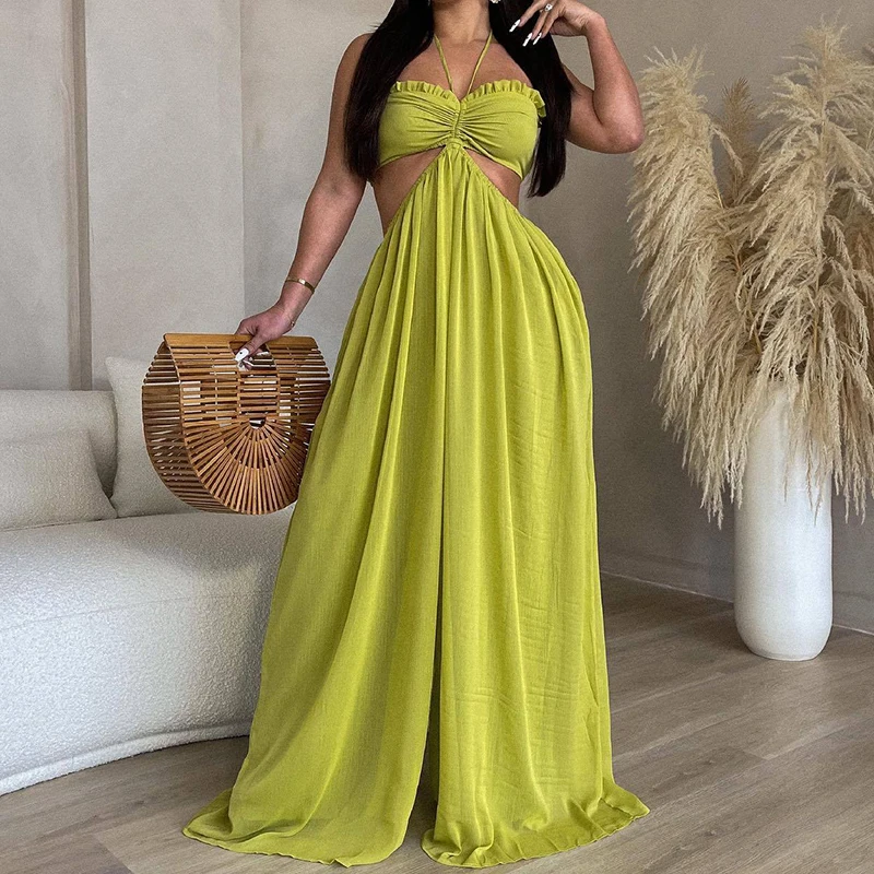Sexy Breast Wrapping Bareback Tuta Donna Senza Maniche Halter Pantaloni A Gamba Larga Tuta Intera Pagliaccetto Moda Elegante Causale Solido