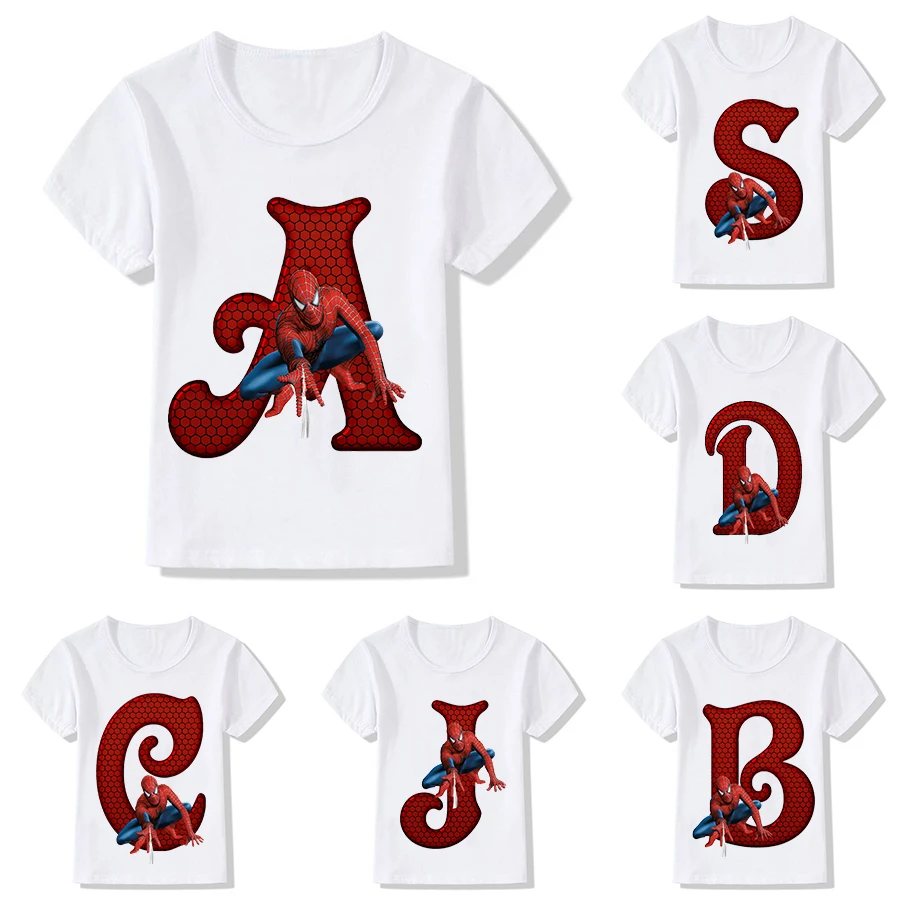 New Children T-Shirt Girl Boy Marvels Spiderman Letter A-Z Kawaii Cartoons Clothes Kid Tee Shirts Little Baby Casual Fashion Top