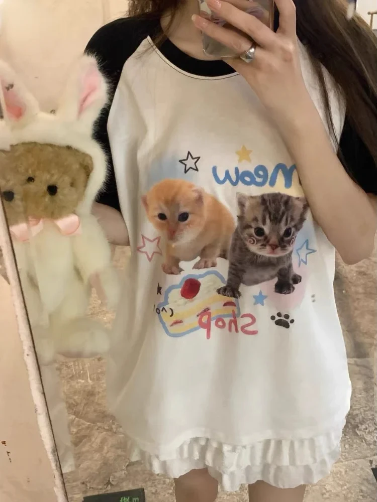 Deeptown Harajuku Kawaii Cat Print Magliette Donna Cutecore Sweet Kitten Patchwork Tees Summer Casual Crop Top Giapponese 2000S Y2K