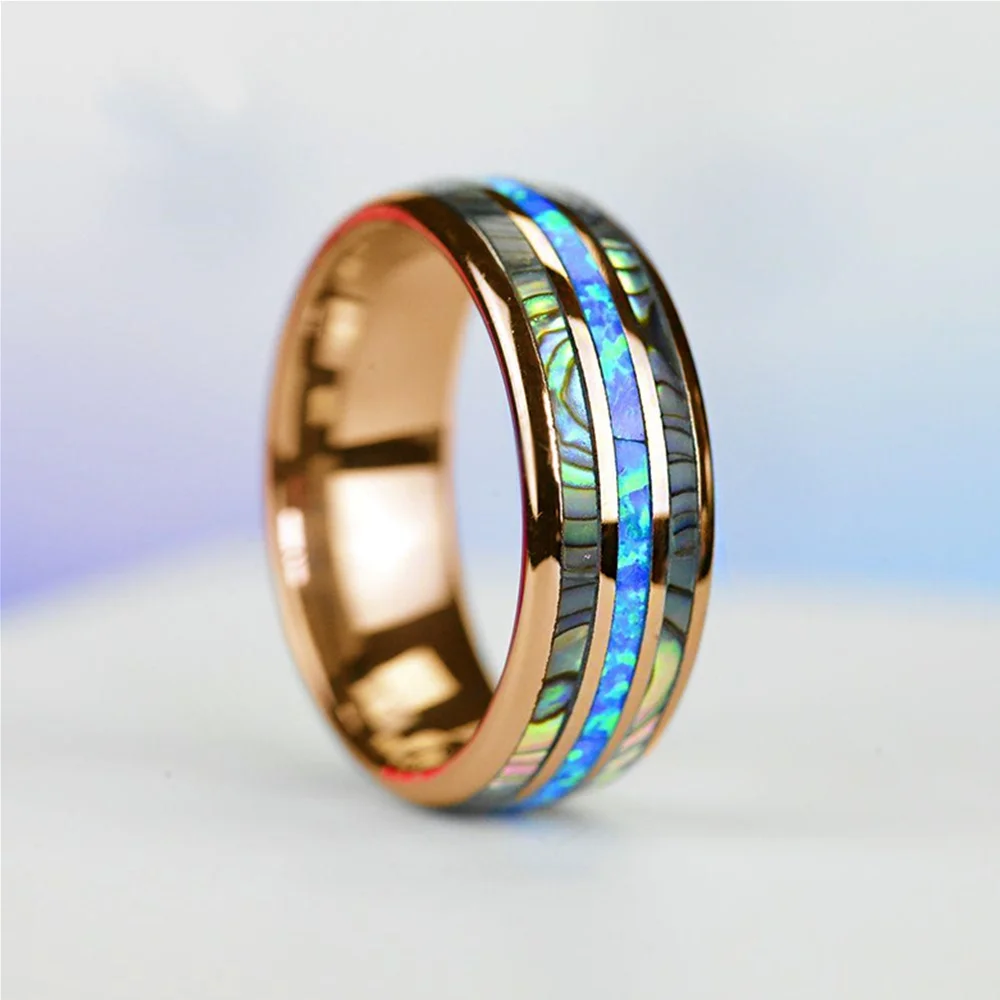 Moda 8Mm Colore Oro Rosa Tungsteno Matrimonio Uomo Anelli In Acciaio Inossidabile Intarsio Abalone Shell Blu Opale Anelli Uomo Gioielli Da Sposa