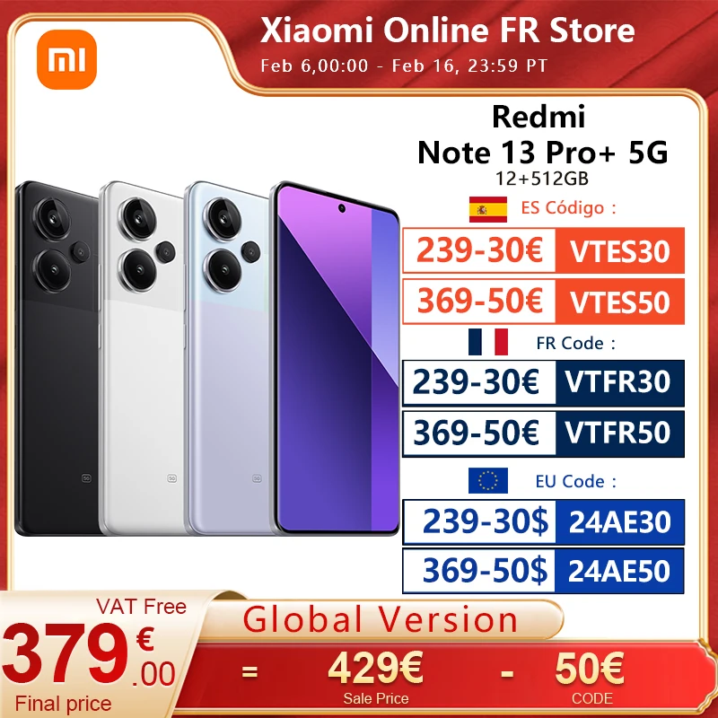 Versione Globale Xiaomi Redmi Note 13 Pro + Plus 5G Smartphone Nfc 12Gb + 512Gb 200Mp Ois Tripla Fotocamera 120Hz Amoled 120W Carica