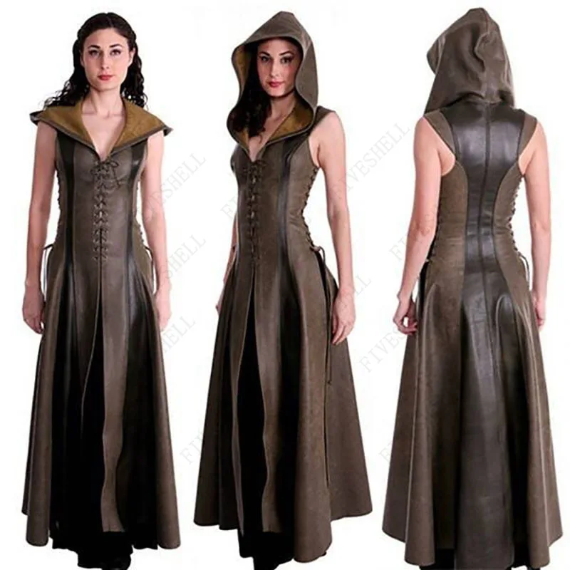Donne Medievale Larp Archer Ranger Elf Costume Femal Warrior Halloween Robin Cosplay Bandage Dress In Pelle Con Cappuccio Robe Maxi Mantello