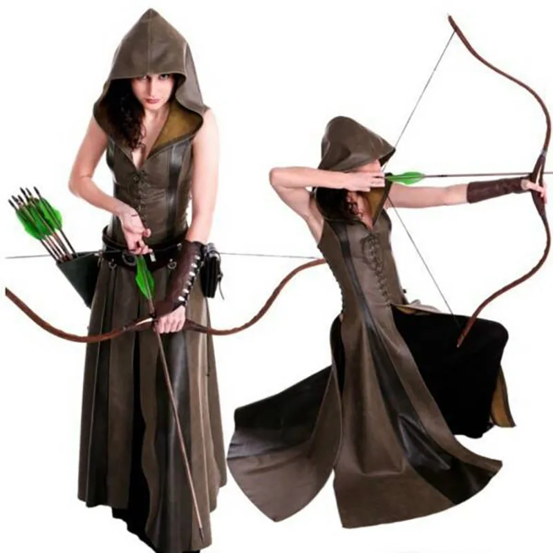 Donne Medievale Larp Archer Ranger Elf Costume Femal Warrior Halloween Robin Cosplay Bandage Dress In Pelle Con Cappuccio Robe Maxi Mantello