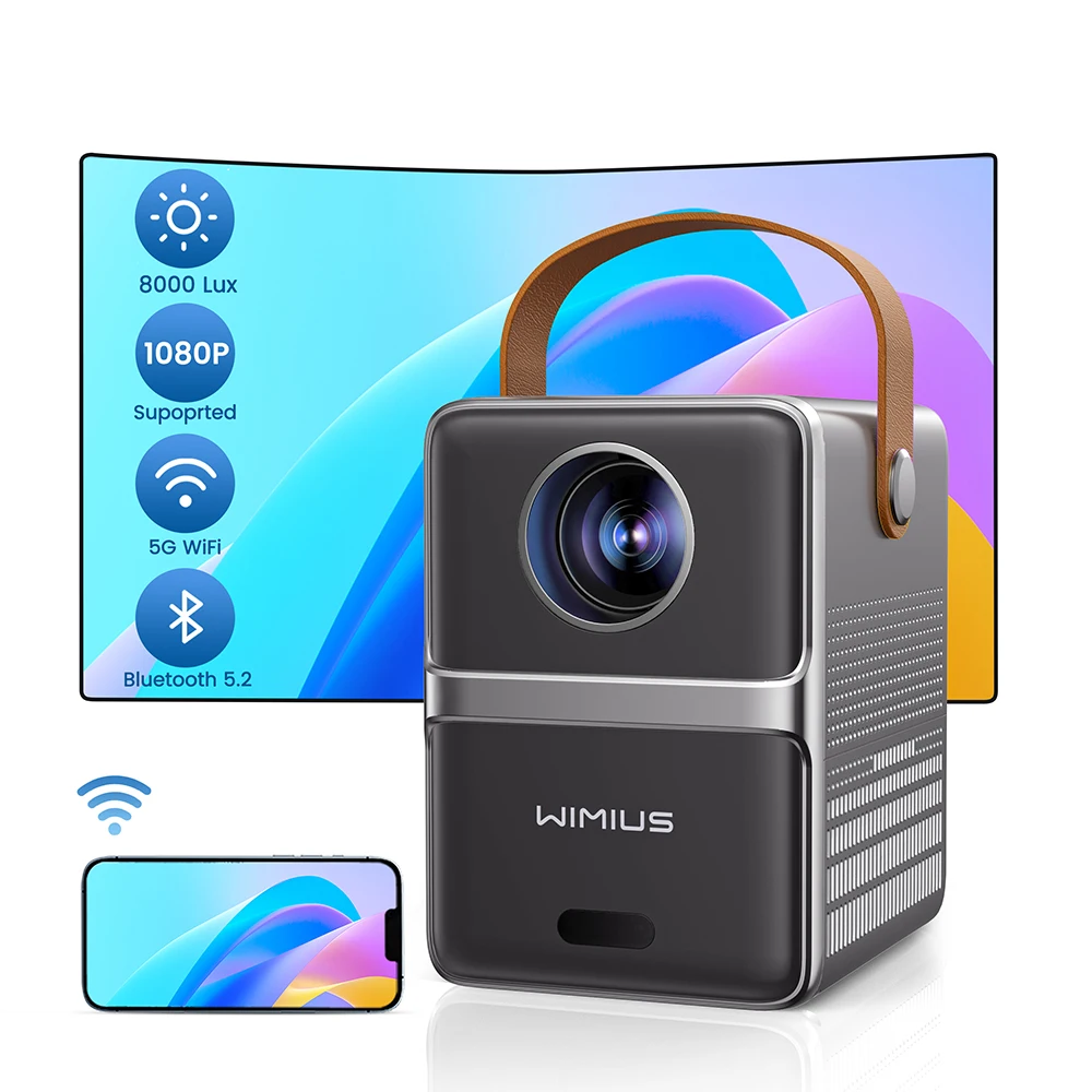 Proiettore Teatrale Portatile Wimius P61, 8000Lumen, 5G, Wifi, Bluetooth, Supporto Full Hd, Schermo 1080P, Home Theater