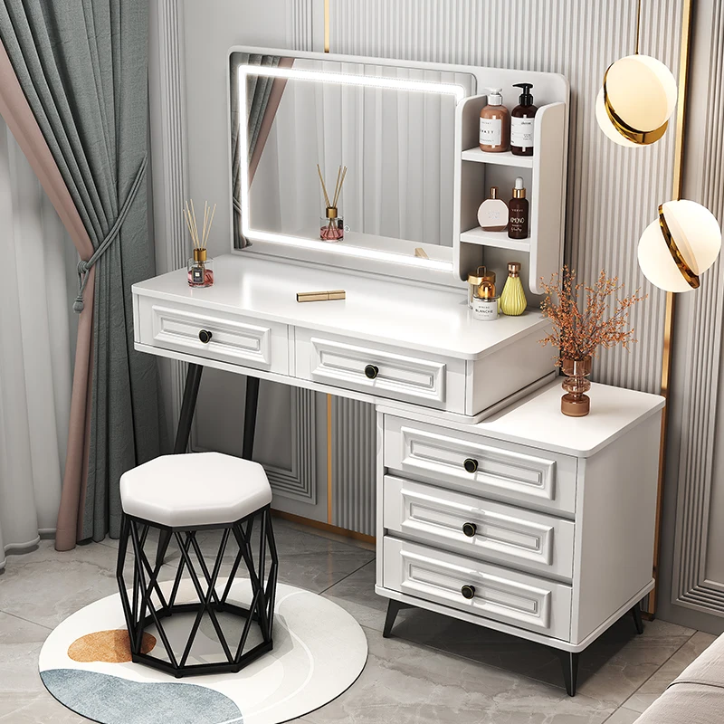 Luxury Led Mirror Makeup Table Drawer Storage Organizer Gioielli Vanity Tables Chair Cosmetic Tavolo Da Rucco Furniture Lj50Dt