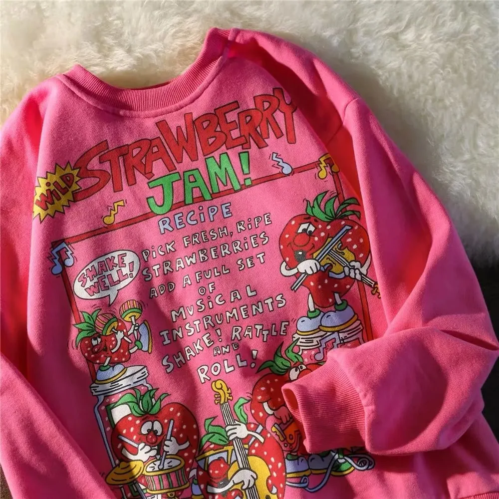 Kawaii Rose Red Cartoon Letter Print Felpa Vintage Streetwear Fashion Tops 2021 New O-Collo Casual Teens Clothes Goth Punk