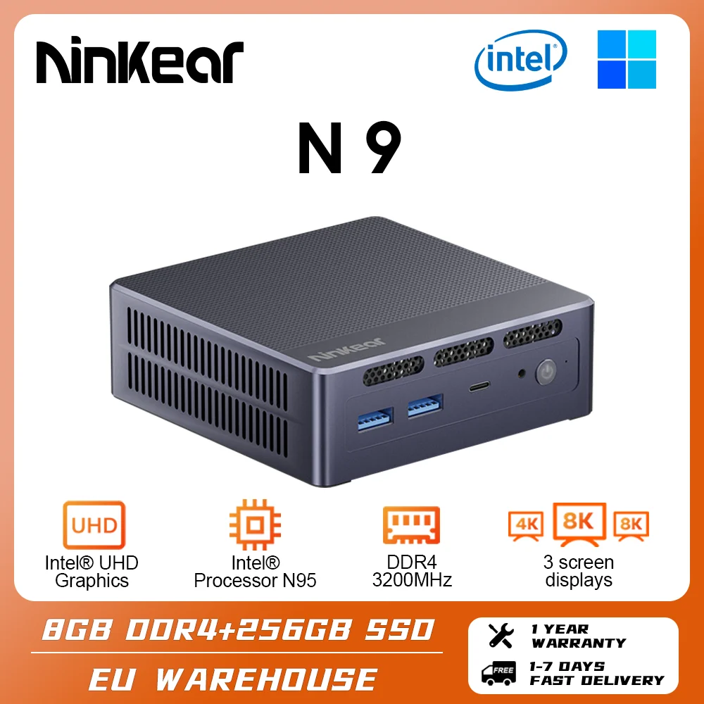 Ninkear N9 Mini Pc Processore Intel N95 Fino A 3.4Ghz 8Gb Ddr4 Ssd Da 256Gb Per Computer Windows 10/11 Wifi 6 Supporto 8K 3 Display