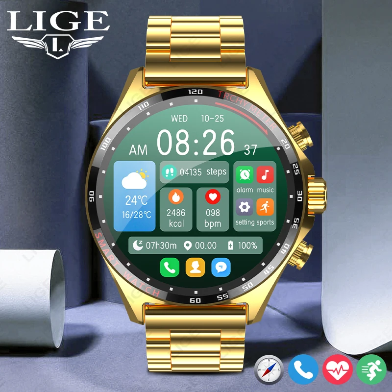 Lige Gold Smart Watch Men Smartwatch Bluetooth Call Orologi Digitali Per Ios Apple Iphone E Android Xiaomi Huawei Samsung Phone