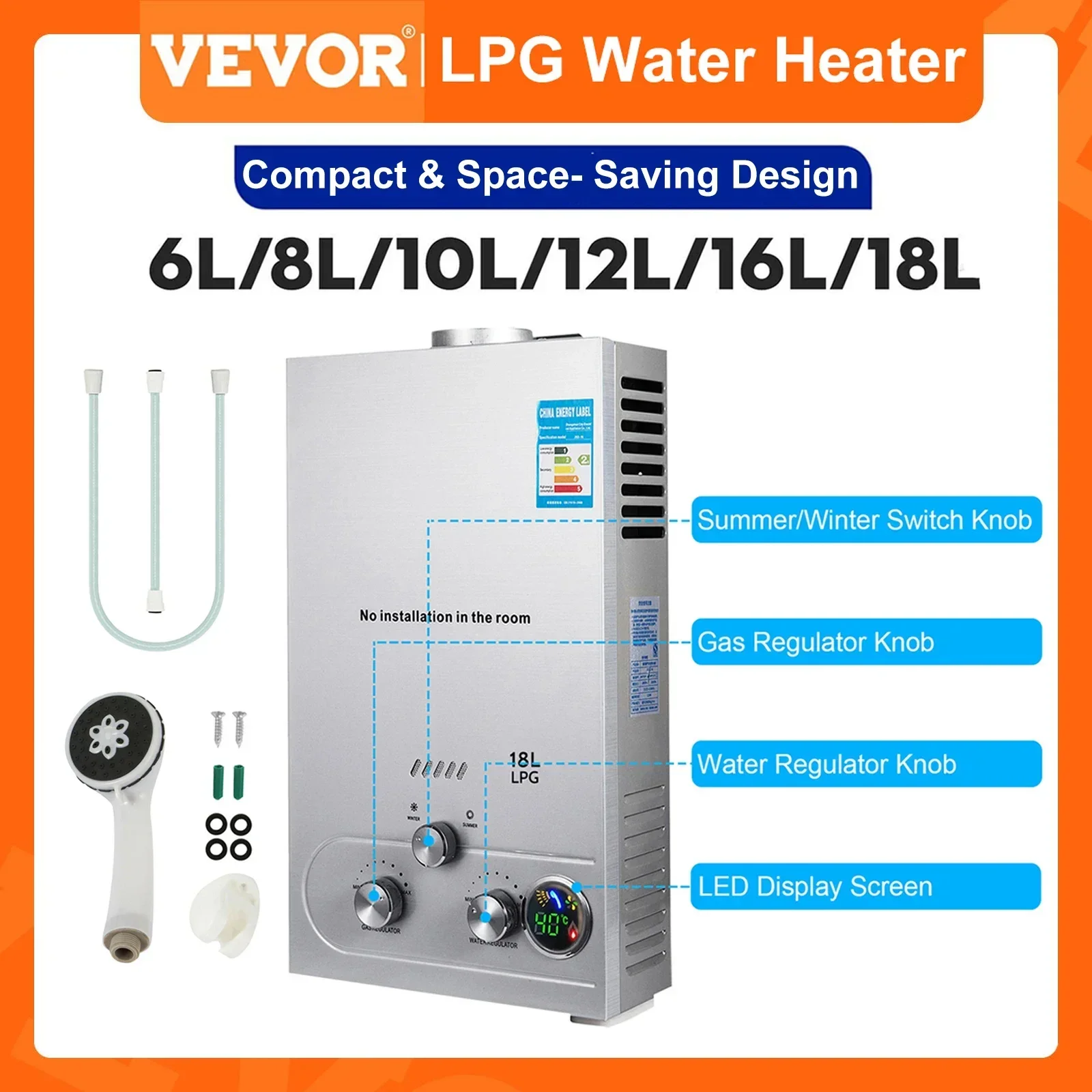 Vevor Gpl Scaldabagno 6L 8L 10L 12L 16L 18L Gpl Gas Di Petrolio Liquefatto Propano Butano Scaldabagno Kit Caldaia In Acciaio Inox