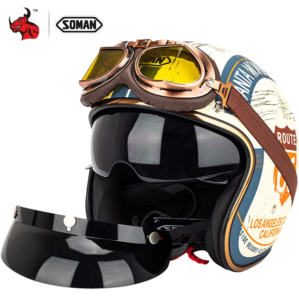 Nuovo Casco Moto Retrò Casco Aperto Caschi Scooter In Pelle 3/4 Chopper Casco Moto Vespa Casco Vintage Moto
