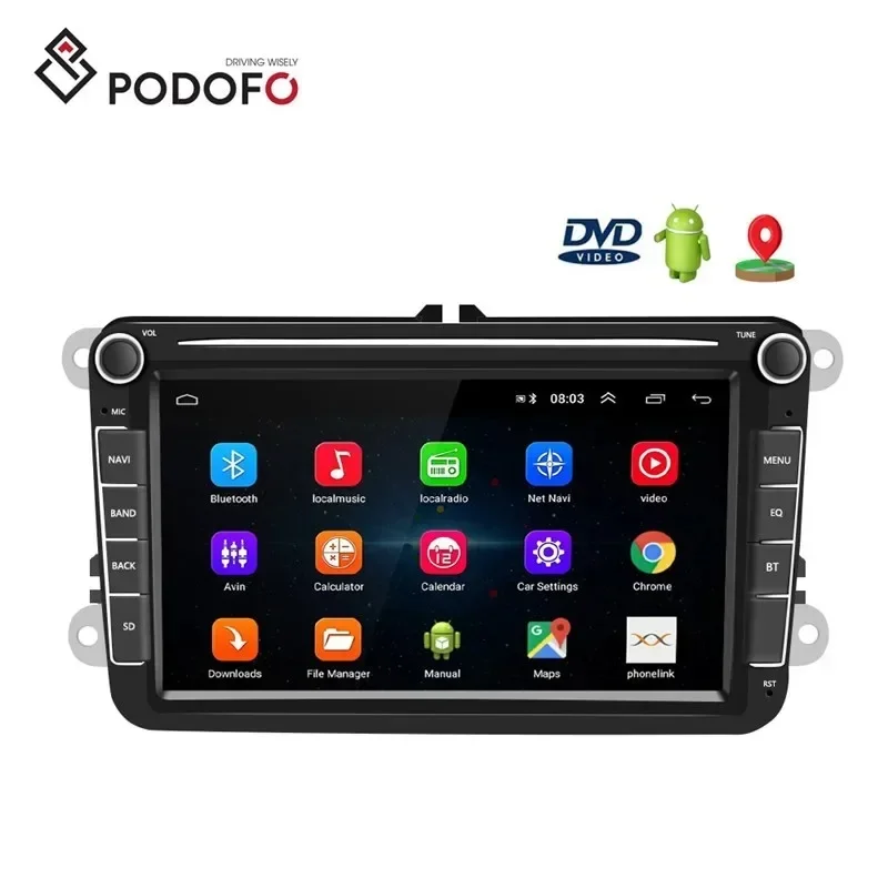 Podofo Android 8 ''2 Din Autoradio Autoradio Lettore Android Gps Wifi Bt Per Vw/Passat/Polo/Golf 5/6