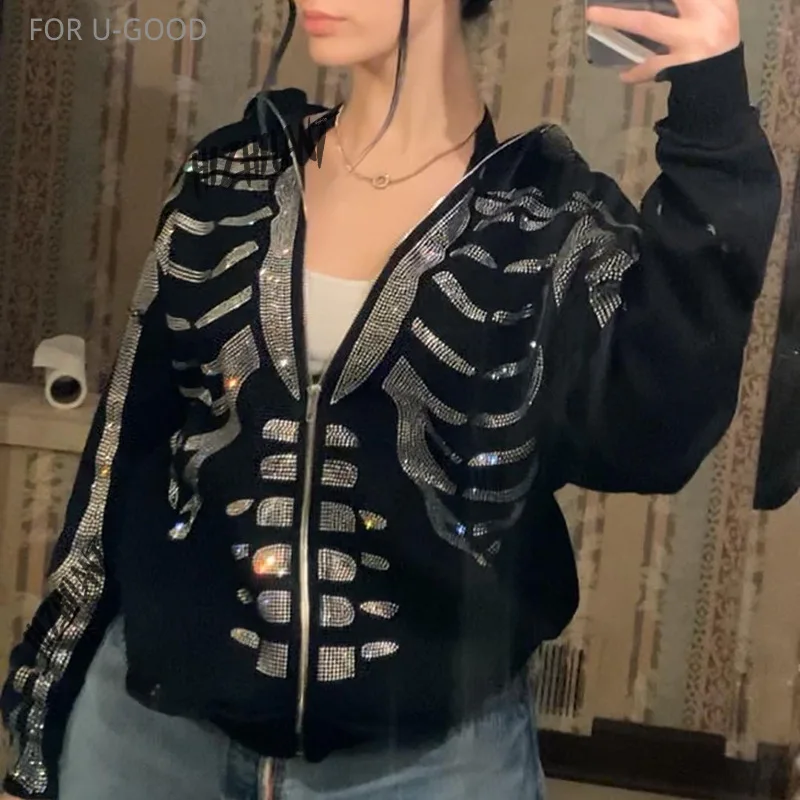 Felpa Teschio Donna Strass Skelet Zip Up Felpe Oversize Zomer Skeleton Felpa Con Cappuccio Grunge Strass Felpa Con Cappuccio Zip Skeleto