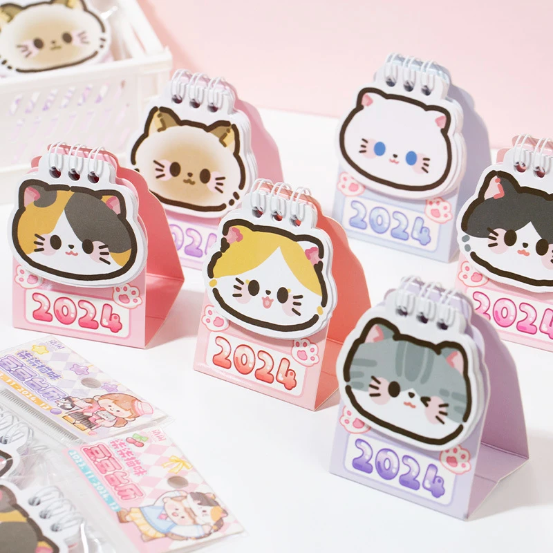 2024 Cartoon Cat Mini Calendar Loose Leaf Ring Calendar Student Date Record Calendar Book Decoration Ornamenti Desktop Regali Nuovo