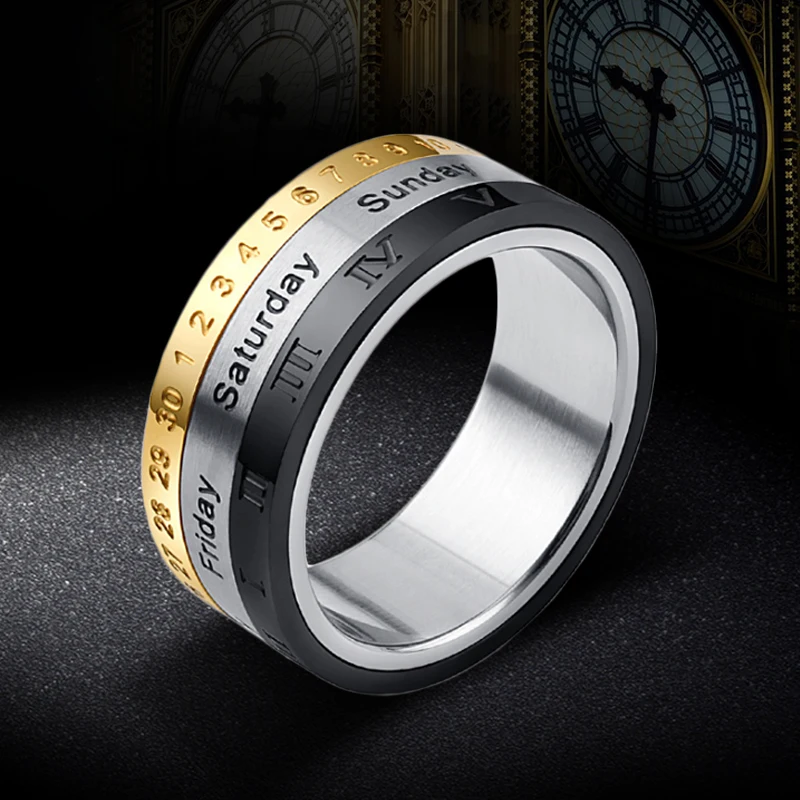 Titanium Steel Rotatable Finger Ring For Women Spinner Date Time Calendar Roman Numerals Homme Anxiety Fidget Rings Punk Gift