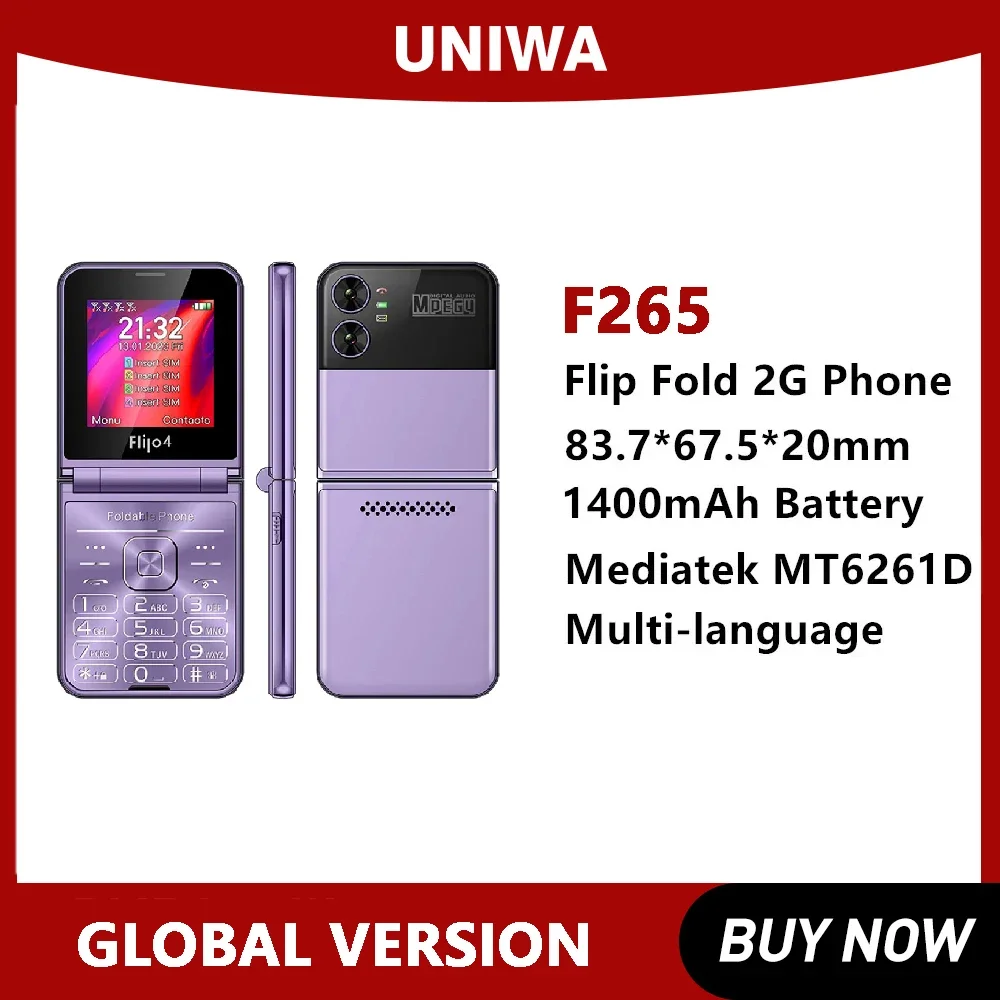 Uniwa F265 10Cp Fold Flip Phone 2G Cellulare Per Anziani Dual Screen Single Nano Big Push-Button 1400Mah Batteria
