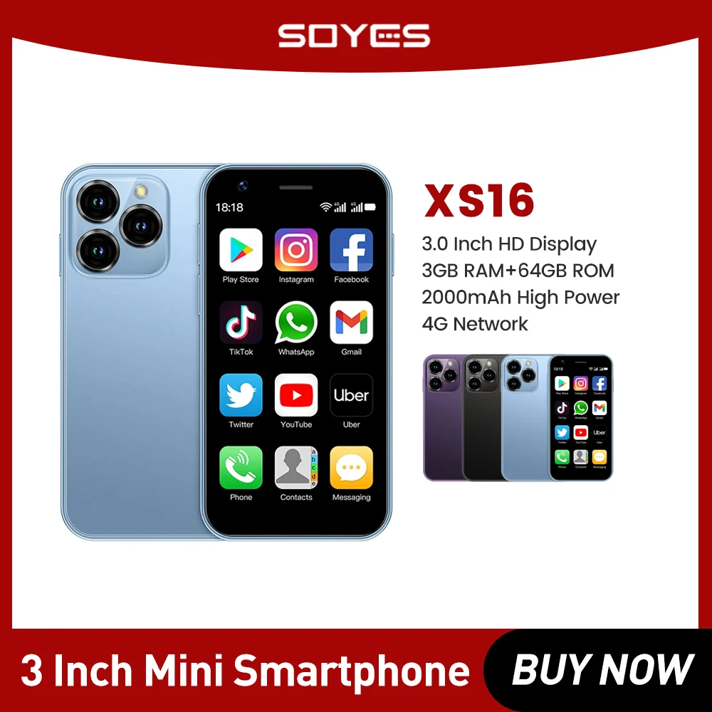 Soyes Xs16 Piccolo Telefono Mini Smartphone 3 Pollici Quad Core 3Gb + 64Gb 4G Lte Telefono Cellulare Android 10.0 Dual Sim Standby 2000Mah 5Mp
