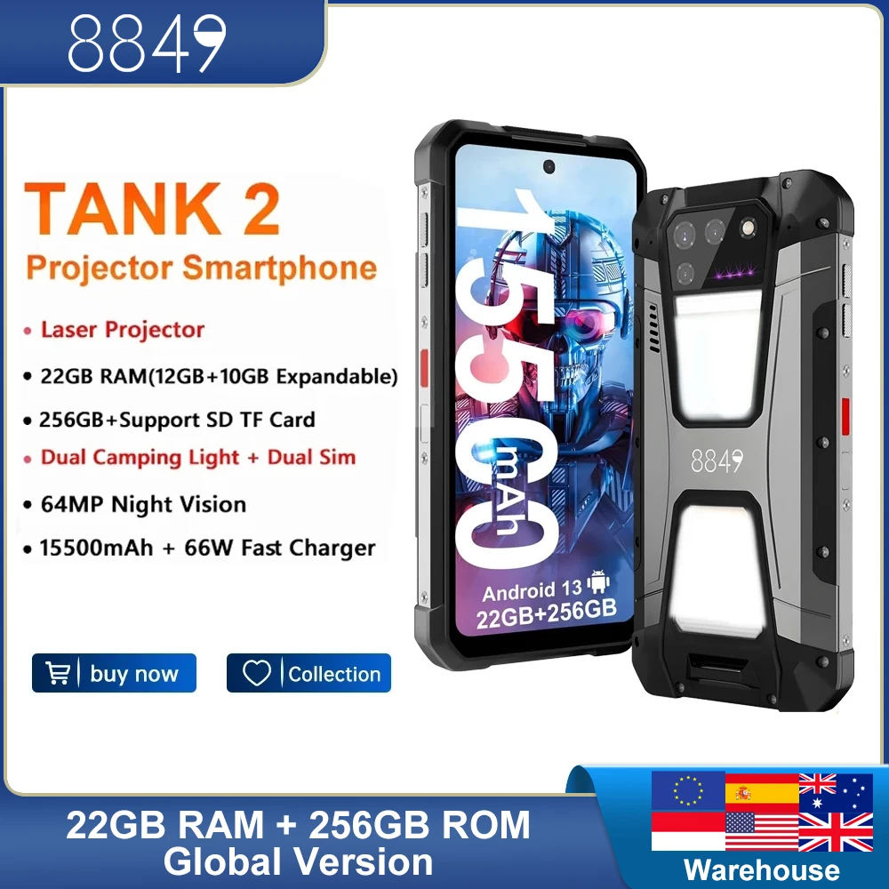 8849 Tank 2 Rugged By Unihertz Projector 22Gb Ram 256Gb Rom 108Mp Luce Da Campeggio 64Mp Super Night Vision G99 15500Mah Tf Nfc
