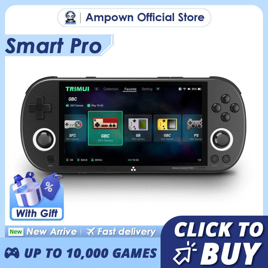 Ampown Smart Pro Console Di Gioco Portatile 4.96 ''Schermo Ips Sistema Linux Joystick Illuminazione Rgb Trimui Retro Console Per Videogiochi Regalo