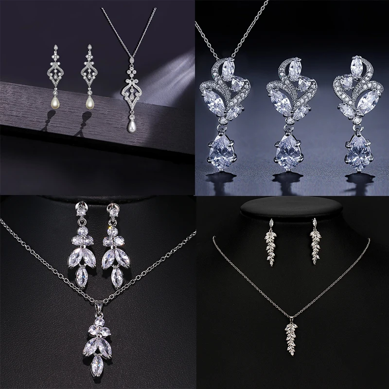 Sugo 2022 Hot Sale Cost-Effective Shiny White Cubic Zirconia Earrings Necklaces Sets For Young Girls Lovely Date Accessories