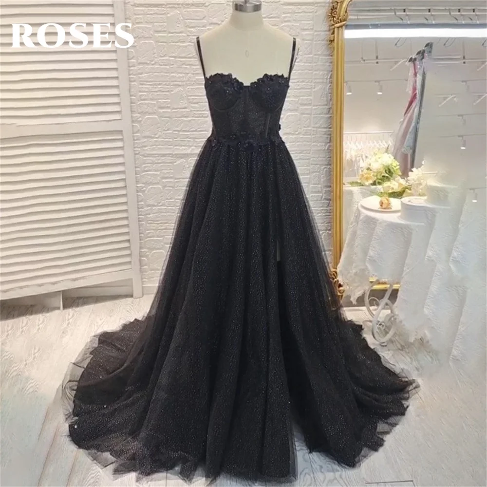 Rose Black Net Abiti Da Sera Sweetheart Spaghetti Strap Eleganti Abiti Da Ballo Glitter Abiti Da Sera Da Sposa Robes De Soirée
