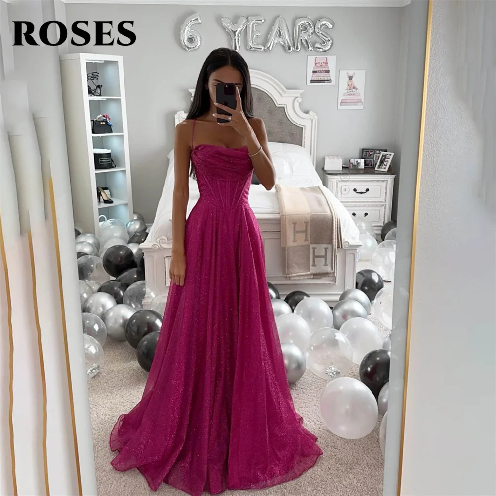 Rose Abiti Da Sera Fucsia Glitter Tulle Beach Eleganti Abiti Da Ballo Spaghetti Strap Abiti Da Sera Da Sposa Robes De Soirée