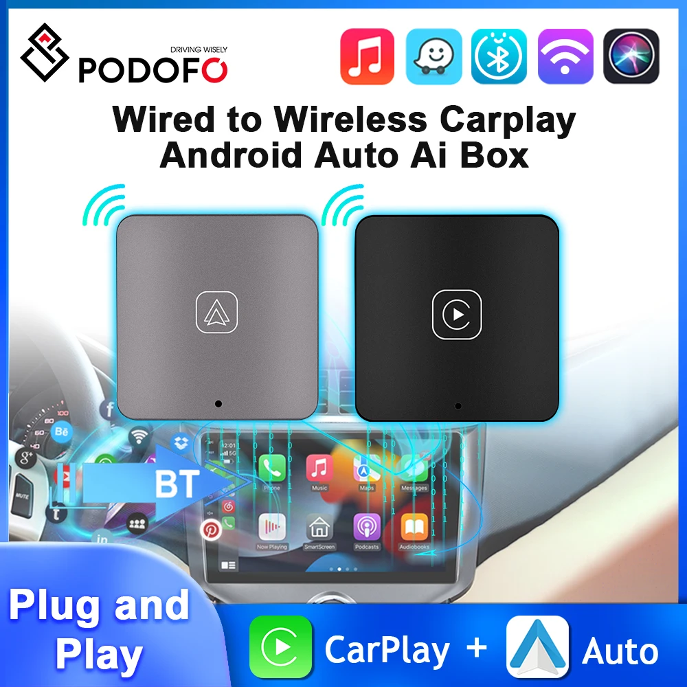 Podofo Carplay Ai Box Android Auto Ai Box Adattatore Bluetooth Wireless Assistente Vocale Wifi Streaming Box Per Vw Audi Toyota Honda