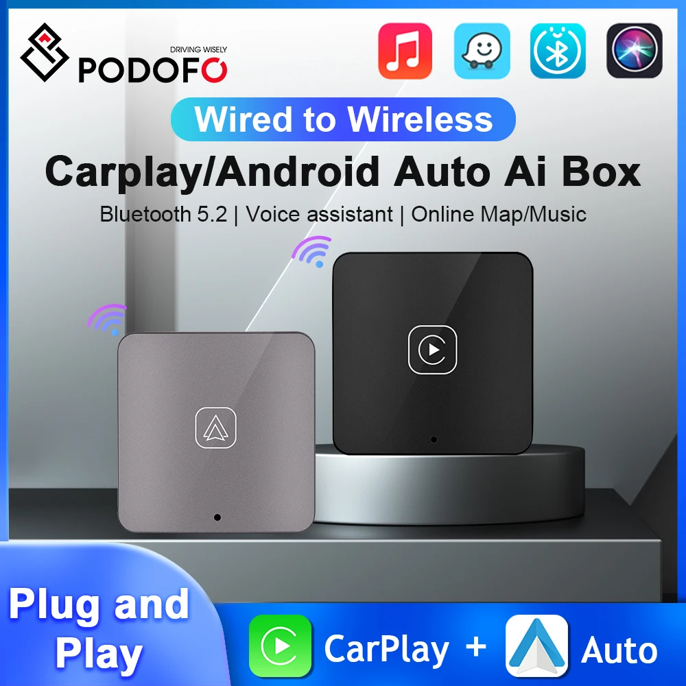 Podofo Wireless Carplay Adapter Ai Box Wireless Android Auto Ai Box Ai Voice Wifi Box Per Vw Audi Toyota Honda Universal Car