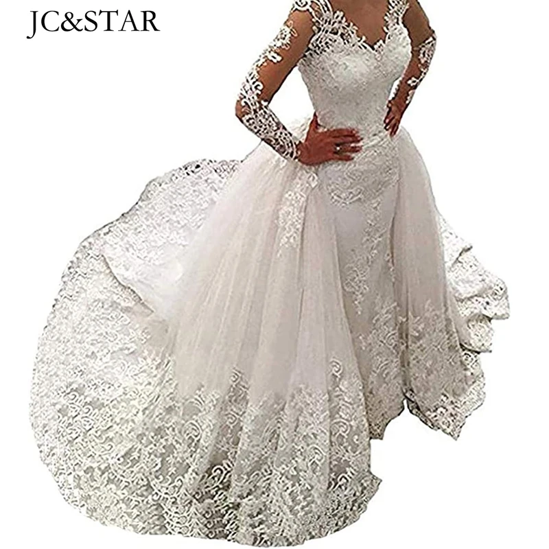 Abito Da Sposa Rimovibile Manica Lunga Sexy Sirena Scollo A V Tulle Applique Abiti Elegantes Para Mujer Corte Treno Vestido De Caffettiera