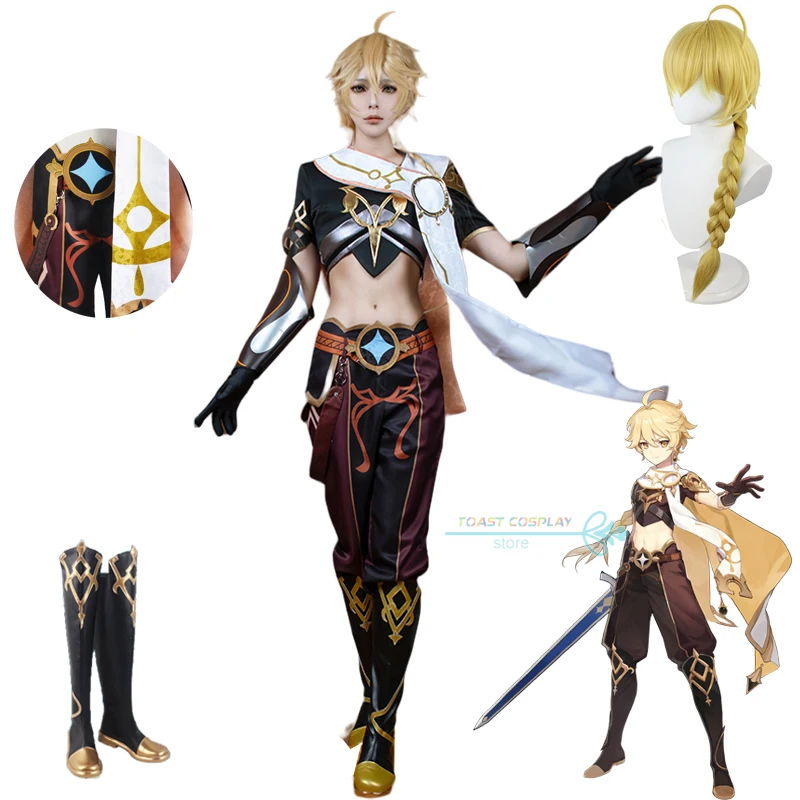 Genshinimpact Aether Game Costume Cosplay Sora Kong Cosplay Traveler Aether Halloween Party Outfit Vestiti Parrucca Scarpe Set Completo
