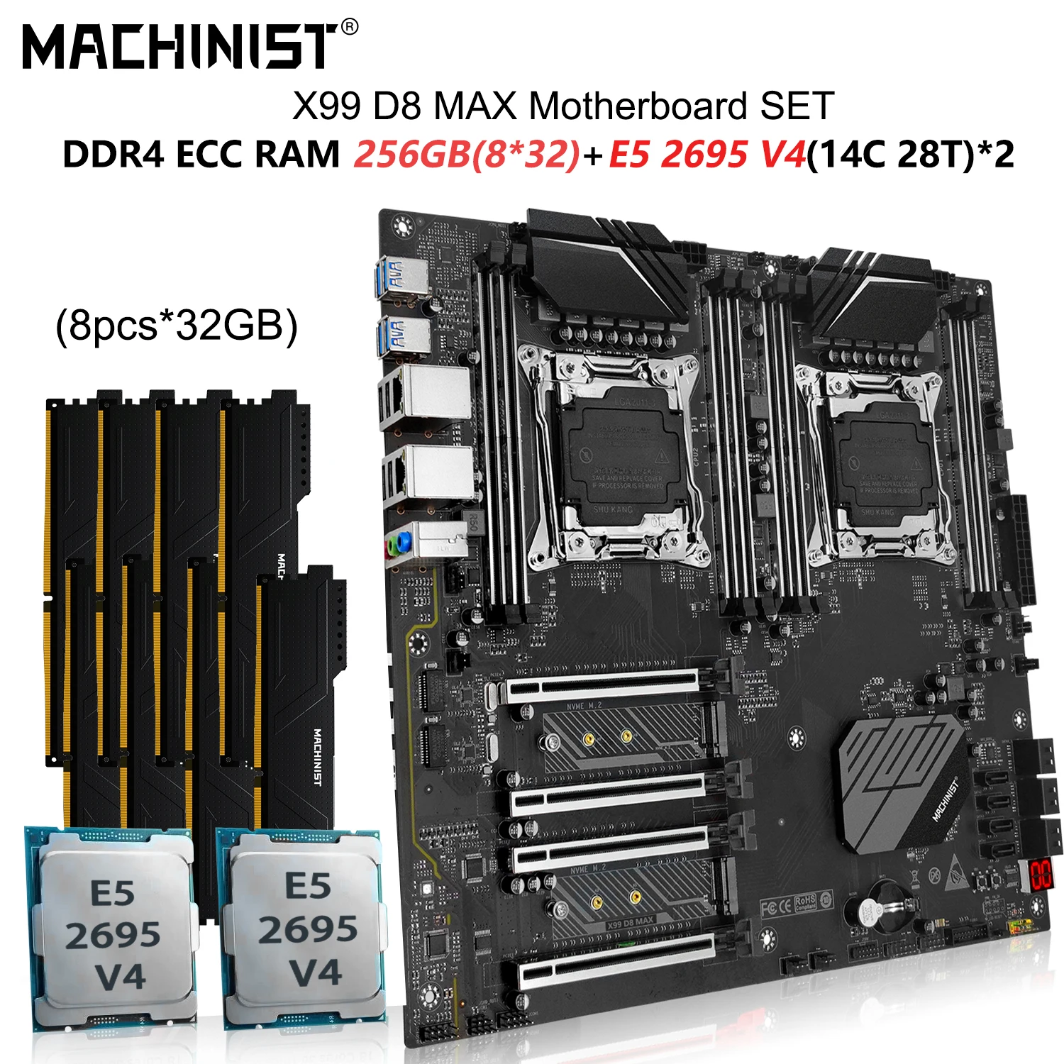 Machinist X99 Set Scheda Madre Lga 2011-3Kit Xeon E5 2695 V4 Doppio Processore Cpu 8*32 = 256Gb Ddr4 Ecc Memoria Ram Nvme M.2 D8 Max