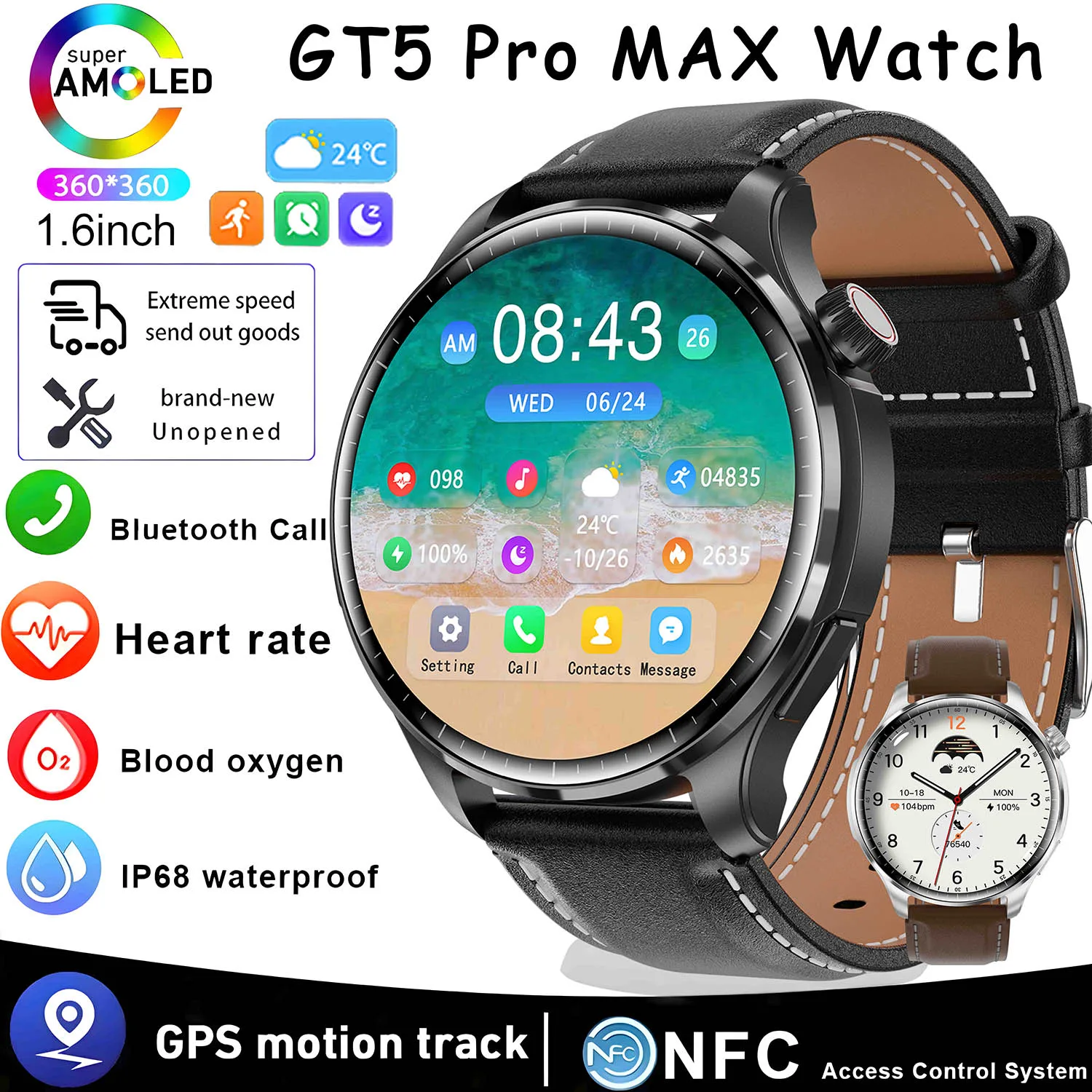 2024 Nuovo Per Huawei Smart Watch Men Gt5 Pro Max Amoled Screen Gps Sports Watch Tracker Nfc Bluetooth Call Blood Sugar Smartwatch