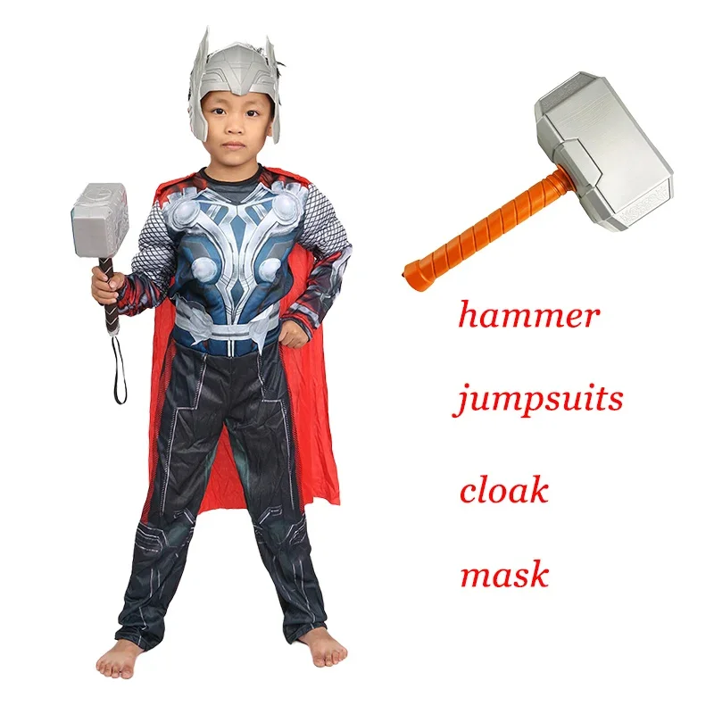 Bambini Thor Muscle Costume Superhero Thor Cosplay Muscle Costume Tuta Mask Hammer Halloween Carnival Clothes For Children