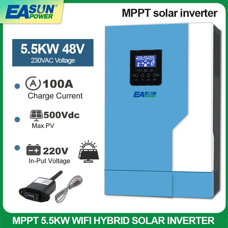 Easun Power 5.5Kw Inverter Solare A Onda Sinusoidale Pura Caricatore Buit-In 100A Mppt 24V 48V E Inverter Ibrido Pv 500V Con Monitor Wifi