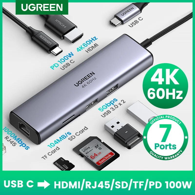 Ugreen Usb C Hub 4K 60Hz Tipo C A Hdmi 2.0 Rj45 Usb 3.0 Pd 100W Adattatore Per Macbook Air Pro Ipad Pro M1 Accessori Per Pc Hub Usb