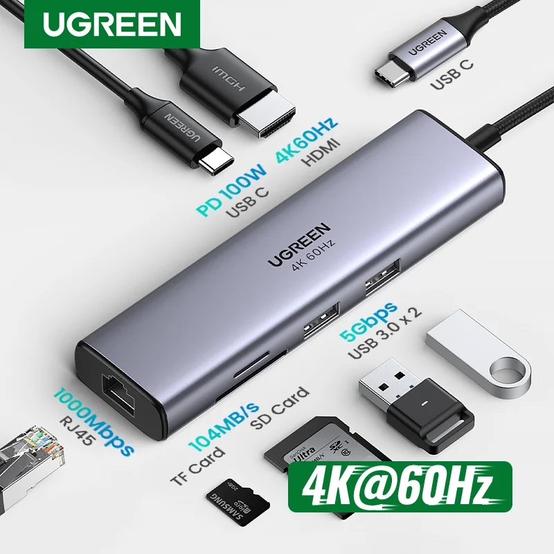 Ugreen Usb C Hub 4K 60Hz Tipo C A Hdmi 2.0 Rj45 Pd 100W Adattatore Per Macbook Air Pro Ipad Pro M2 M1 Accessori Per Pc Hub Usb 3.0