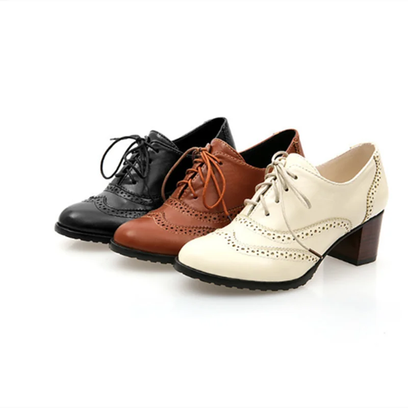 Lady Large Size 34-43 Oil Leather Winter Lace-Up Cut-Out Fashion Ankle Heigh Heels Boots Safety Botas Scarpe Da Donna Décolleté Cammello