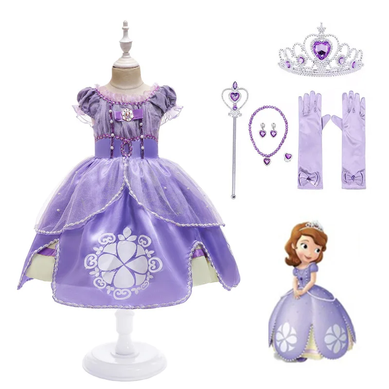 Kids Princess Sofia Dress For Girl Cosplay Costume Puff Sleeve Layerd Dresses Festa Bambino Compleanno Sophia Volant Costumi Fantasia